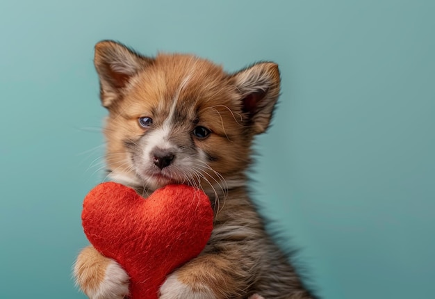 Foto cachorro agarrando um brinquedo vermelho em forma de coração exibindo um olhar terno com um companheiro gatinho ao seu lado