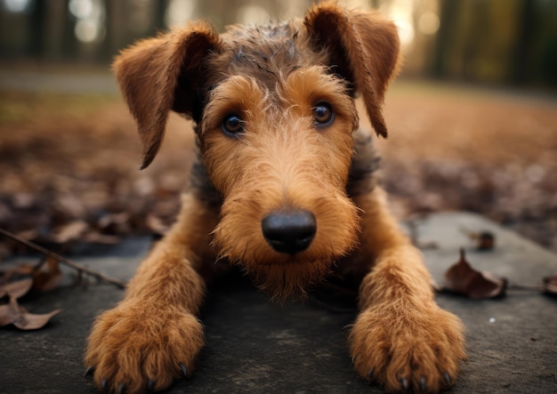 Un cachorro de Airedale Terrier con sus ojos brillantes y orejas caídas.