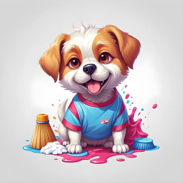 Cachorro alegre com equipamentos de limpeza