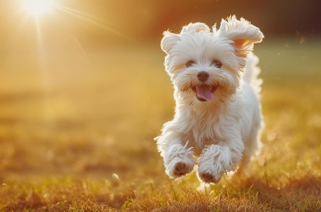 Un cachorro alegre corriendo en un campo soleado