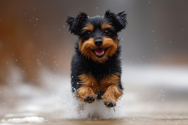 Un cachorro alegre en un paseo disfruta de la nieve.