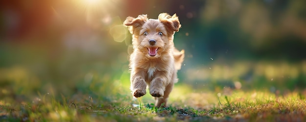 Un cachorro alegre saltando a través de la hierba iluminada por el sol