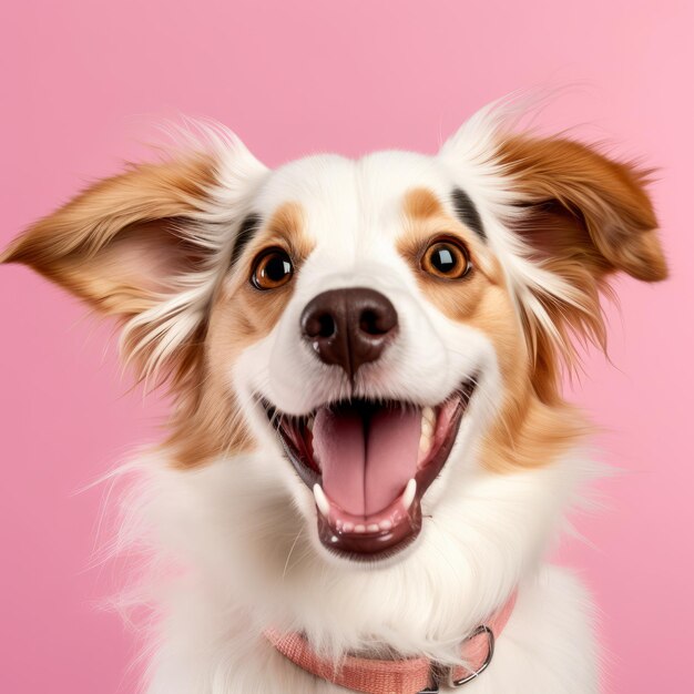 Foto un cachorro alegre sonriendo sobre un fondo rosado vibrante