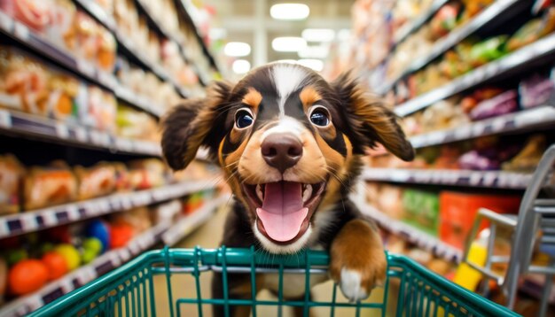 Foto cachorro alegremente compras para suprimentos para animais de estimação em uma enorme supermercado