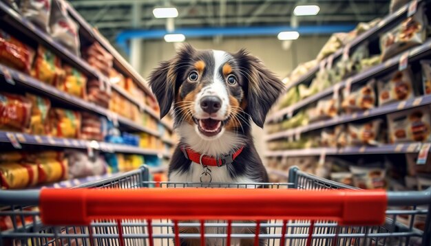 Foto cachorro alegremente compras para suprimentos para animais de estimação em uma enorme supermercado