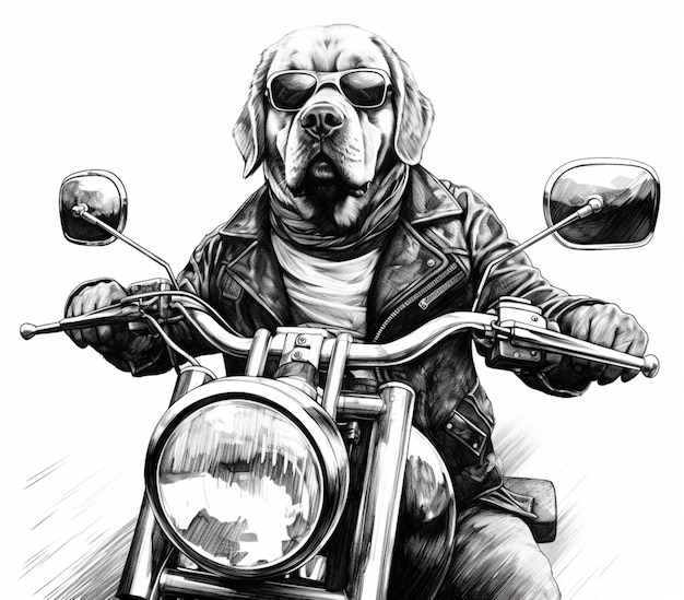 cachorro arafado usando óculos escuros andando de moto com uma jaqueta de couro IA generativa