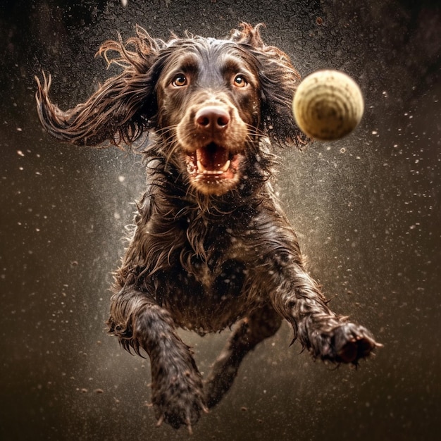 Cachorro Arafed pulando no ar para pegar uma bola generativa ai