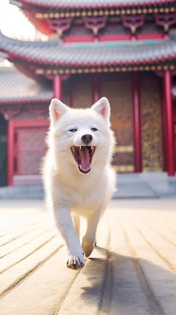 cachorro Araffe correndo em frente a um prédio com telhado vermelho gerativo de IA