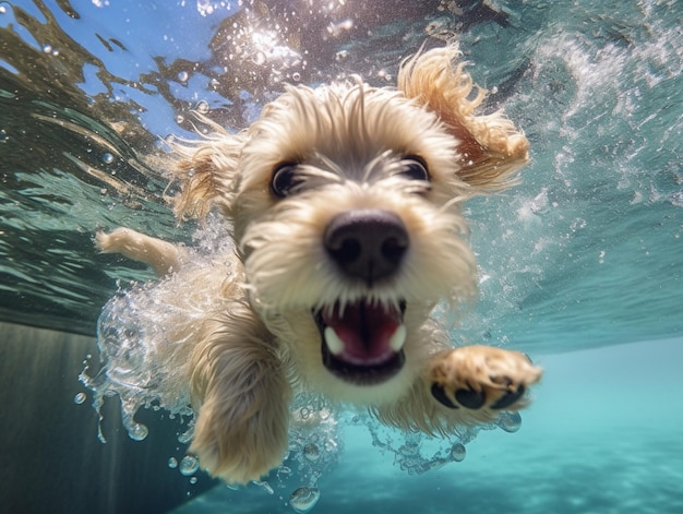 Foto cachorro araffe nadando na água com a boca aberta generativa ai