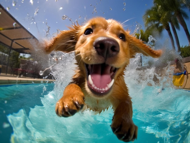 Cachorro Araffe pulando em uma piscina com água espirrando ao seu redor generative ai