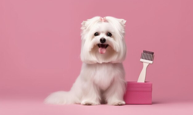 cachorro araffe sentado ao lado de uma caixa rosa com uma escova de dentes generativa ai