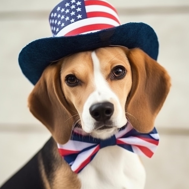 cachorro araffe usando um chapéu patriótico e gravata borboleta generativa ai