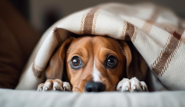 Cachorro assustado deitado em um sofá debaixo do cobertor IA generativa