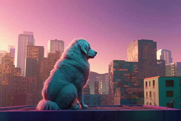 Cachorro aventureiro na cidade Vista do telhado paisagem urbana pôr do sol cores pastel Generative AI