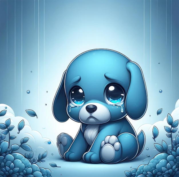 Un cachorro azul lloroso rodeado de hojas mirando desesperadamente al espectador El lunes azul es el día más deprimente
