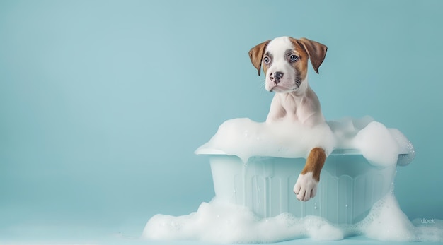 un cachorro en una bañera con burbujas y un fondo azul