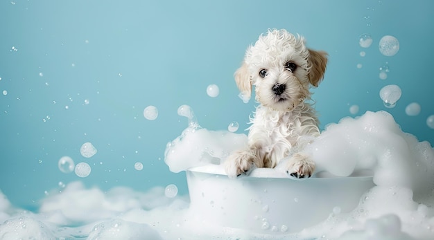 un cachorro en una bañera con burbujas en el fondo