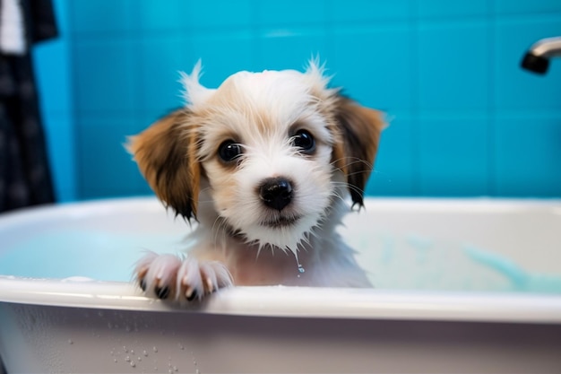 Un cachorro en una bañera de fondo azul.