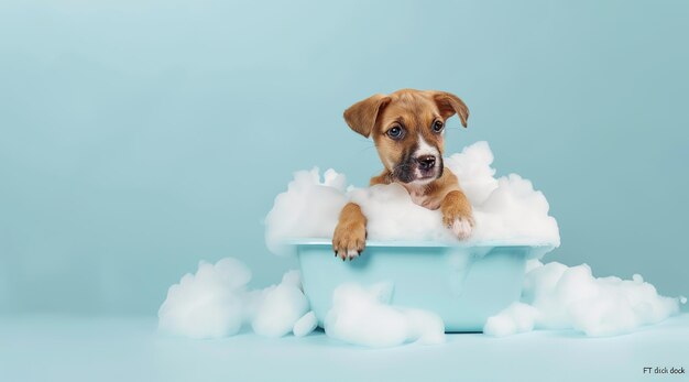 un cachorro en una bañera con las palabras "cachorro" en ella