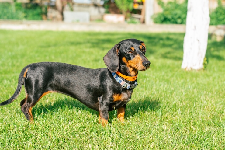 Cachorro bassê preto e castanho com coleira em pé na grama verde