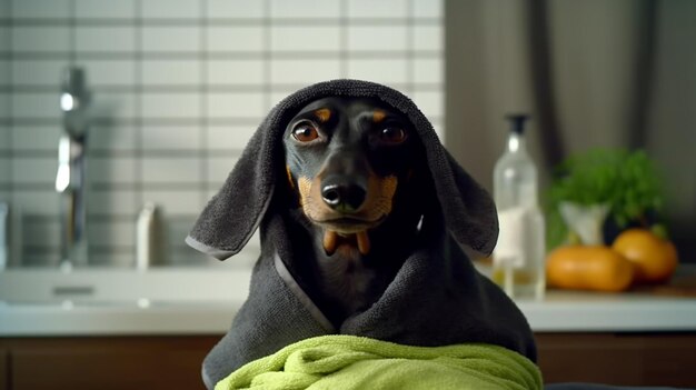 cachorro bassê preto e castanho relaxado após procedimentos de spa no rosto com pepino