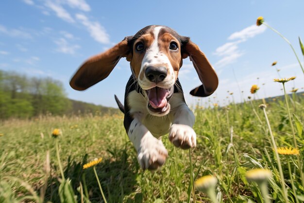 Foto un cachorro de basset hound juguetón al atardecer