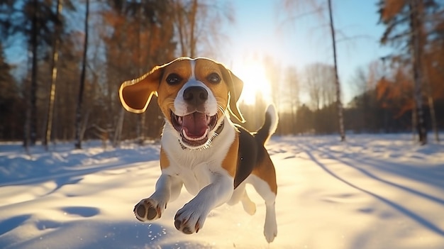 cachorro beagle corre e brinca na floresta de inverno em um dia ensolarado e gelado