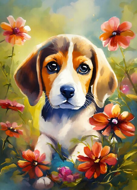 Cachorro Beagle encantado com flores a pintar a pensar em traços