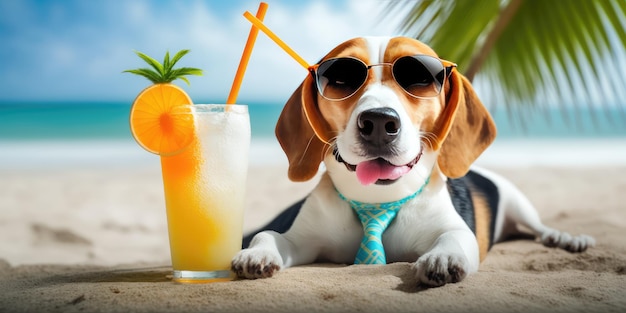 Cachorro Beagle está de férias de verão no resort à beira-mar e descanso relaxante na praia de verão do Havaí