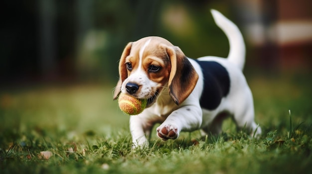 Un cachorro beagle con una pelota en la boca