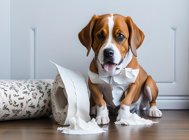 Cachorro Beagle sentado cerca de un rollo de papel higiénico roto en el suelo
