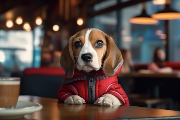 cachorro beagle vestido con ropa informal sentado en una cafetería bebiendo café | Foto Premium
