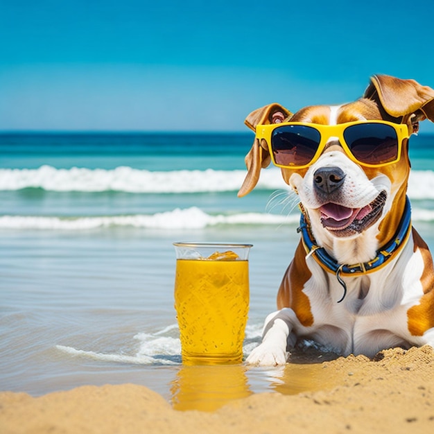 Cachorro bebendo cerveja com óculos de sol relaxando no fundo da praia ai generativo
