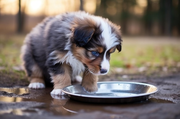 Un cachorro bebiendo de un cuenco de agua