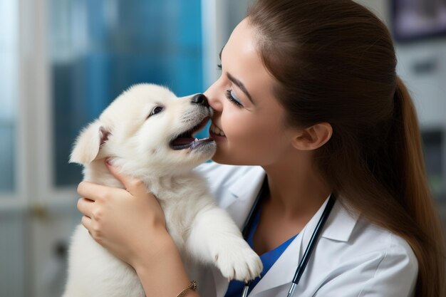 Cachorro beijando veterinária