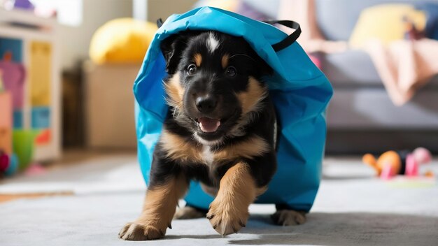 Foto un cachorro de berner sennenhund posando dentro de una bolsa azul