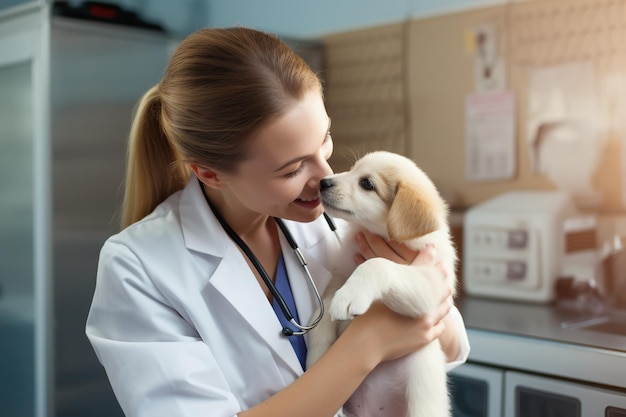 Cachorro besando a la veterinaria