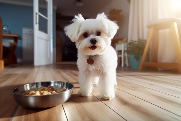 Cachorro Bichon Frise bonito parado ao lado da tigela de comida na cozinha de casa