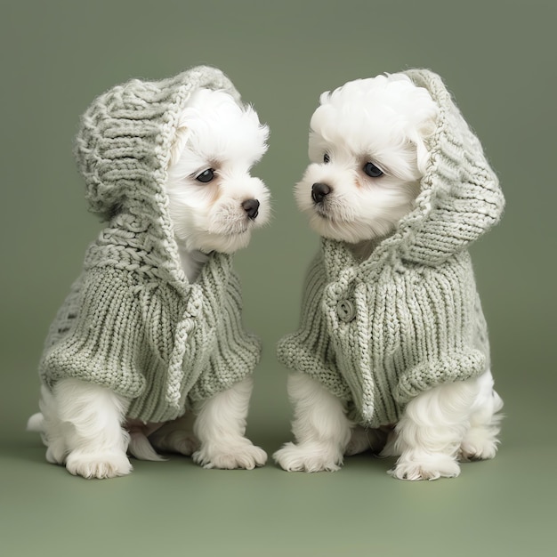 Cachorro Bichon Frise engraçado e bonito com roupas de capuz e suéter engraçado em fundo verde