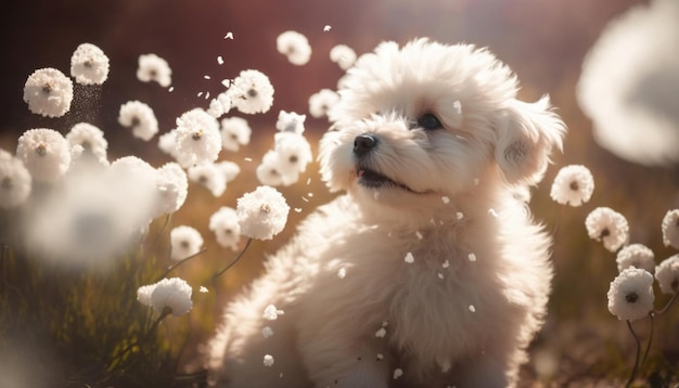 Cachorro blanco feliz entre flores blancas en la naturaleza IA generativa