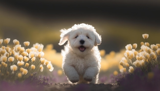 Cachorro blanco feliz entre flores blancas en la naturaleza IA generativa