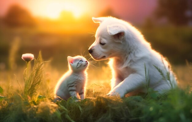 Un cachorro blanco y un gatito blanco se besan en un campo.