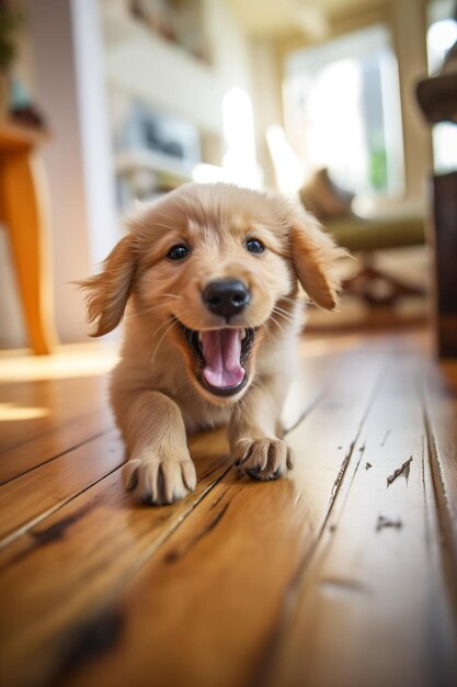 un cachorro con la boca abierta en un piso de madera