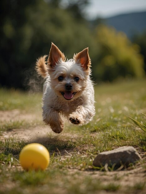 Cachorro bonito a brincar com uma bola ao ar livre