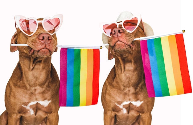 Cachorro bonito adorável e bandeira do arco-íris closeup