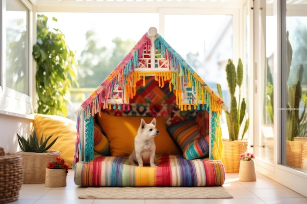 Cachorro bonito, cachorrinho adorável, pequeno cão branco, descansando em uma cabana de madeira, o amigo de raça pura.