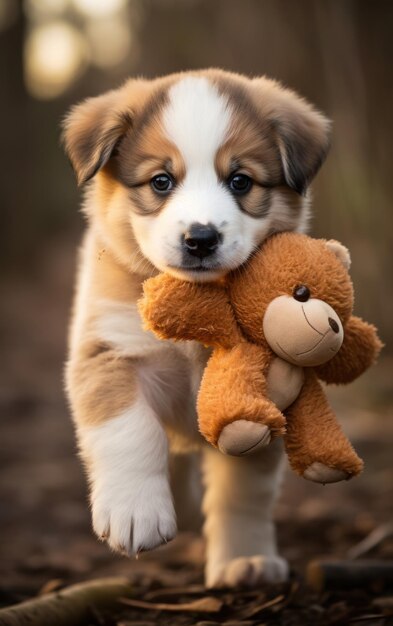 Foto cachorro bonito com brinquedo macio