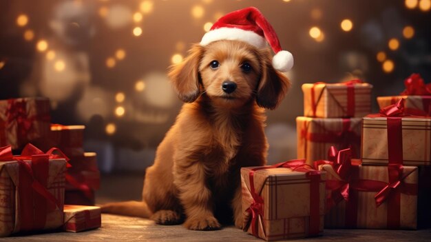 Foto cachorro bonito com caixas de presentes de natal conceito foto cartaz presente feliz ano novo vermelho