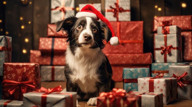 Foto cachorro bonito com caixas de presentes de natal conceito foto cartaz presente feliz ano novo vermelho