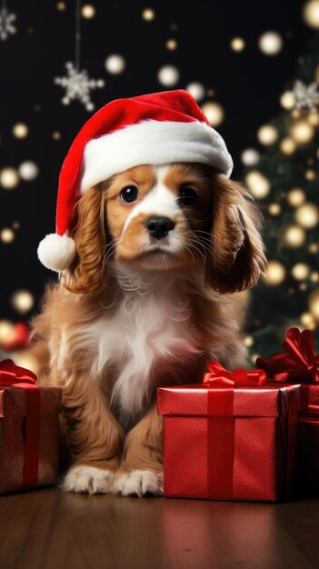 Foto cachorro bonito com caixas de presentes de natal conceito foto cartaz presente feliz ano novo vermelho